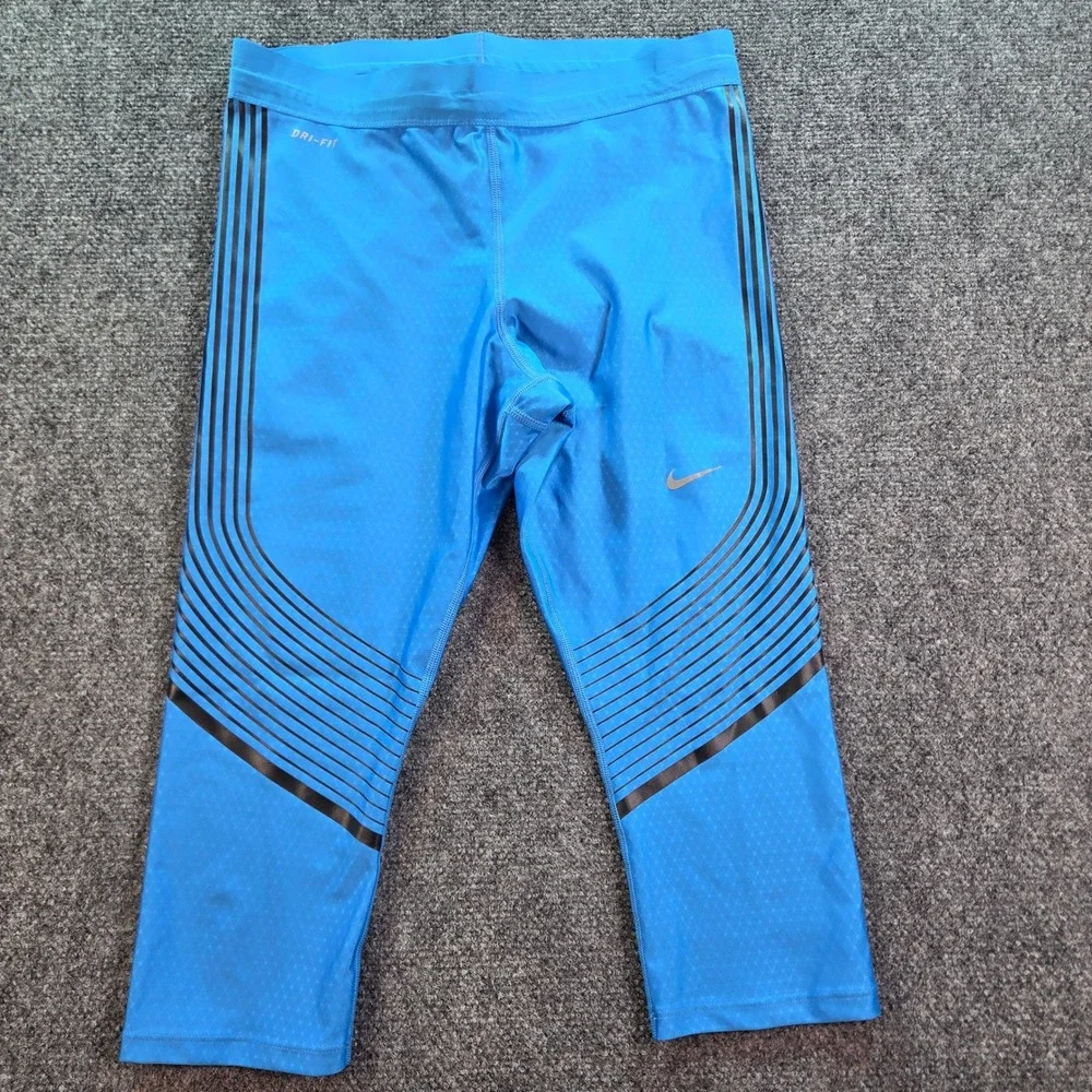 Nike Dri-FIT Running Leggings Women Medium Blue Striped Cropped RN56323
